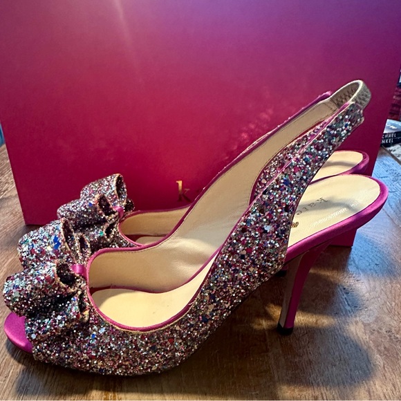 NWB KATE SPADE Hot Pink Multi Glitter Bow Heels US 6 - Picture 5 of 11